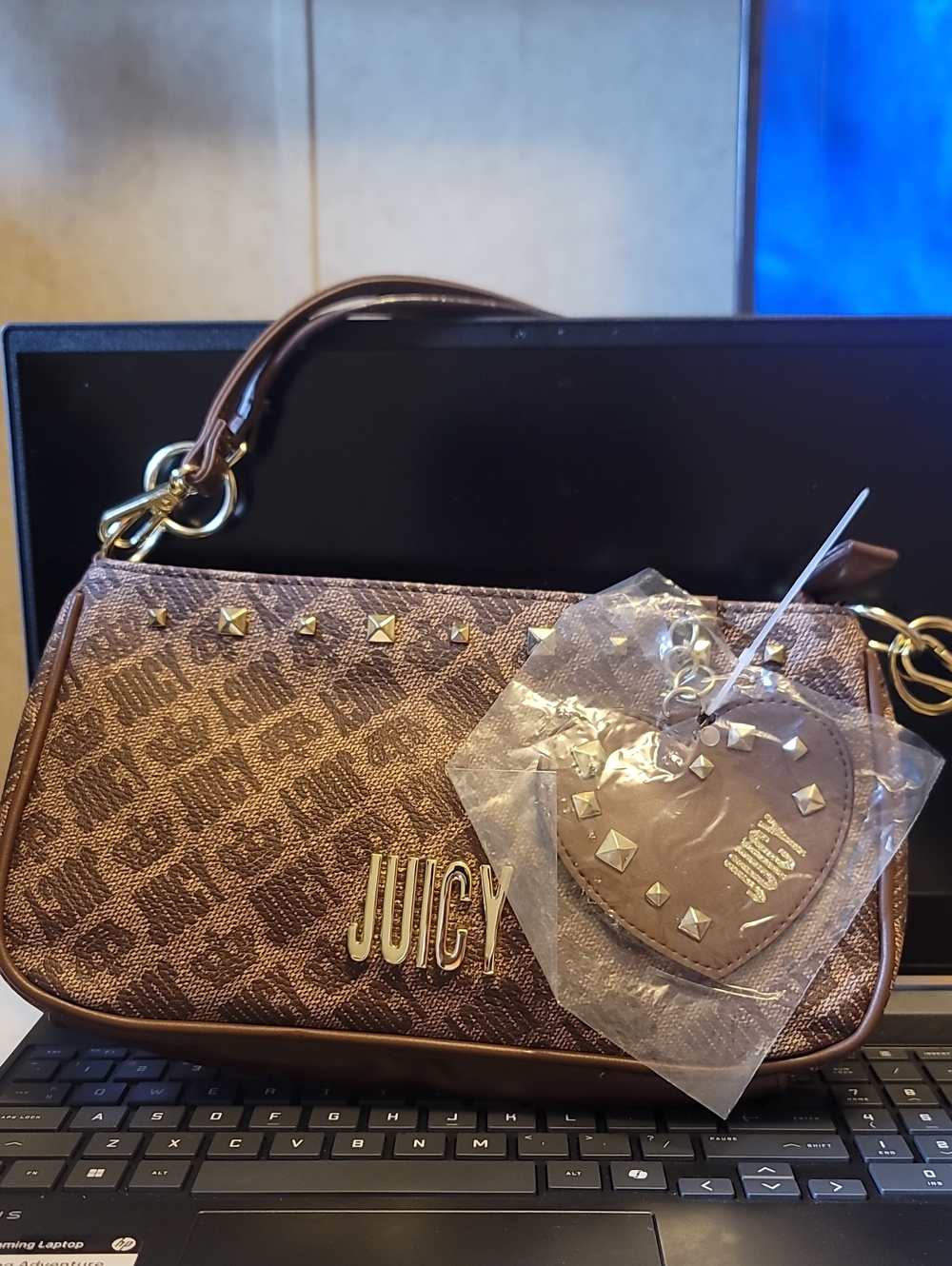 Juicy Couture Brown Logo Studded Card Holder Wristlet with Charm